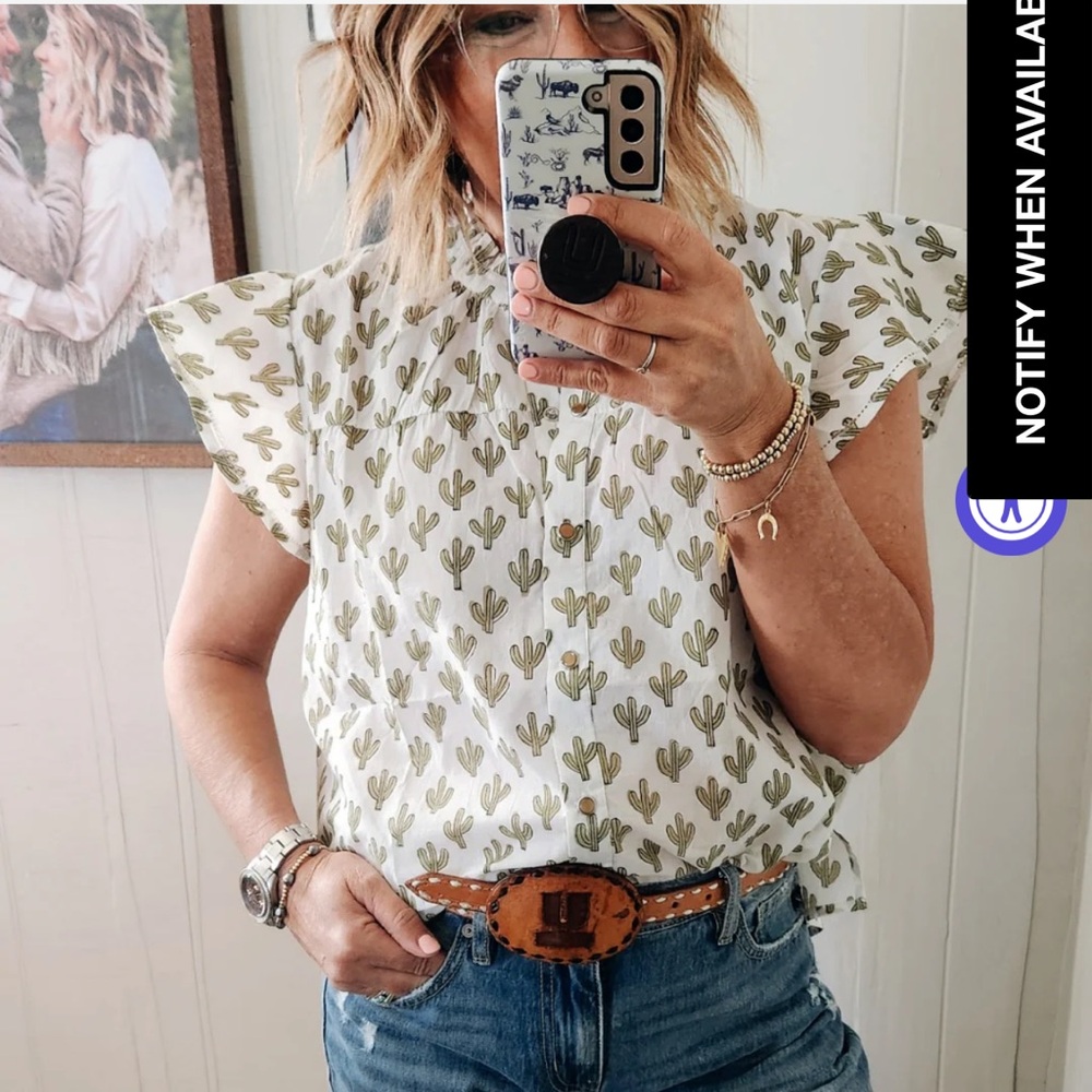 Women’s White Cactus Print Flutter Sleeve Blouse